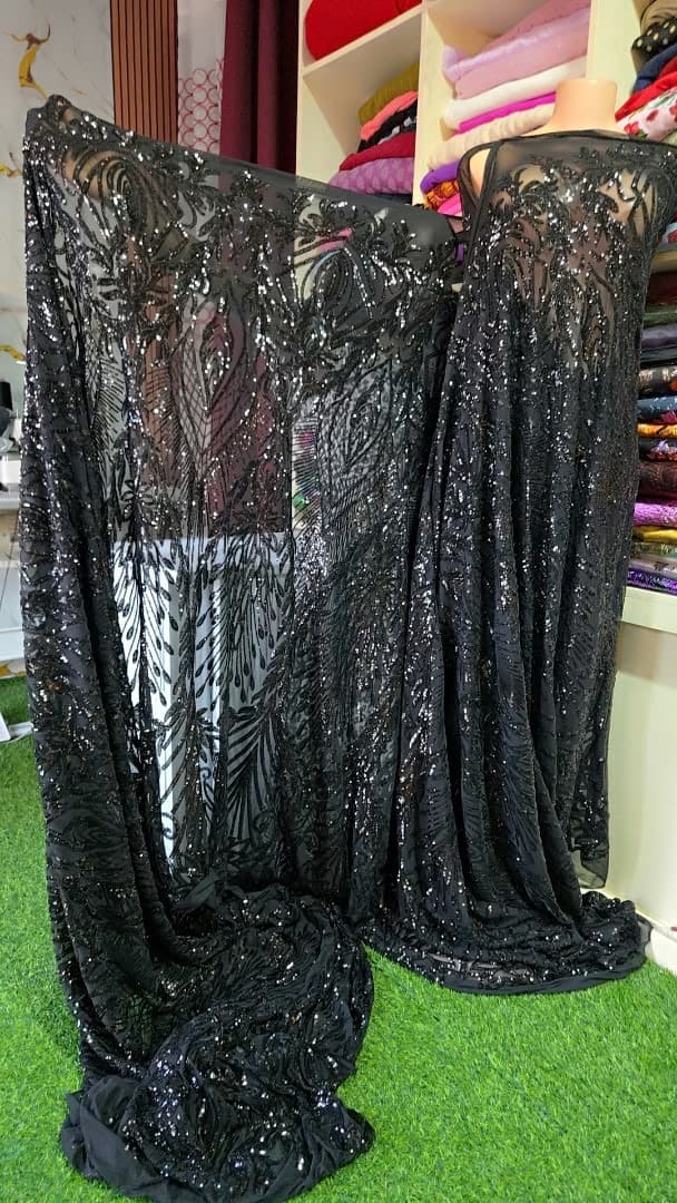 Midnight Plume — Black Sequin Embroidered Stretch Net