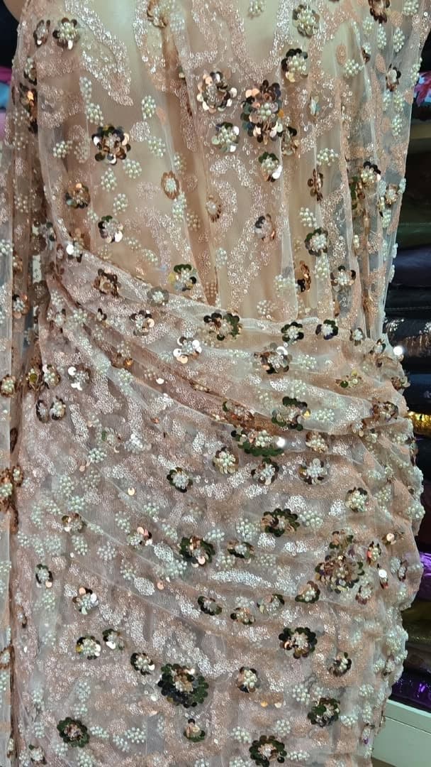 Pearl Blush — Beaded Pearl & Sequin Net Lace